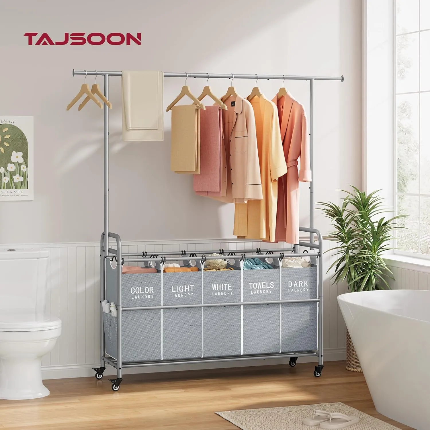 Tajsoon Laundry Hamper with Hanging Rack, 5 Section Laundry Sorter, Rolling Laundry Sorter Cart with Wheels and Hanging bar, Removable Basket Organizer for Bedroom, Bathroom, Grey
