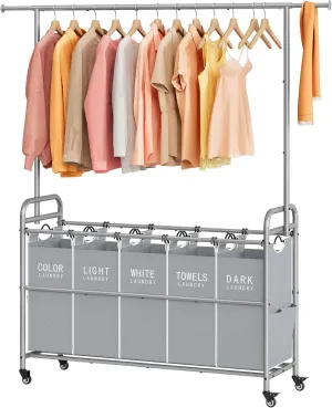 Tajsoon Laundry Hamper with Hanging Rack, 5 Section Laundry Sorter, Rolling Laundry Sorter Cart with Wheels and Hanging bar, Removable Basket Organizer for Bedroom, Bathroom, Grey
