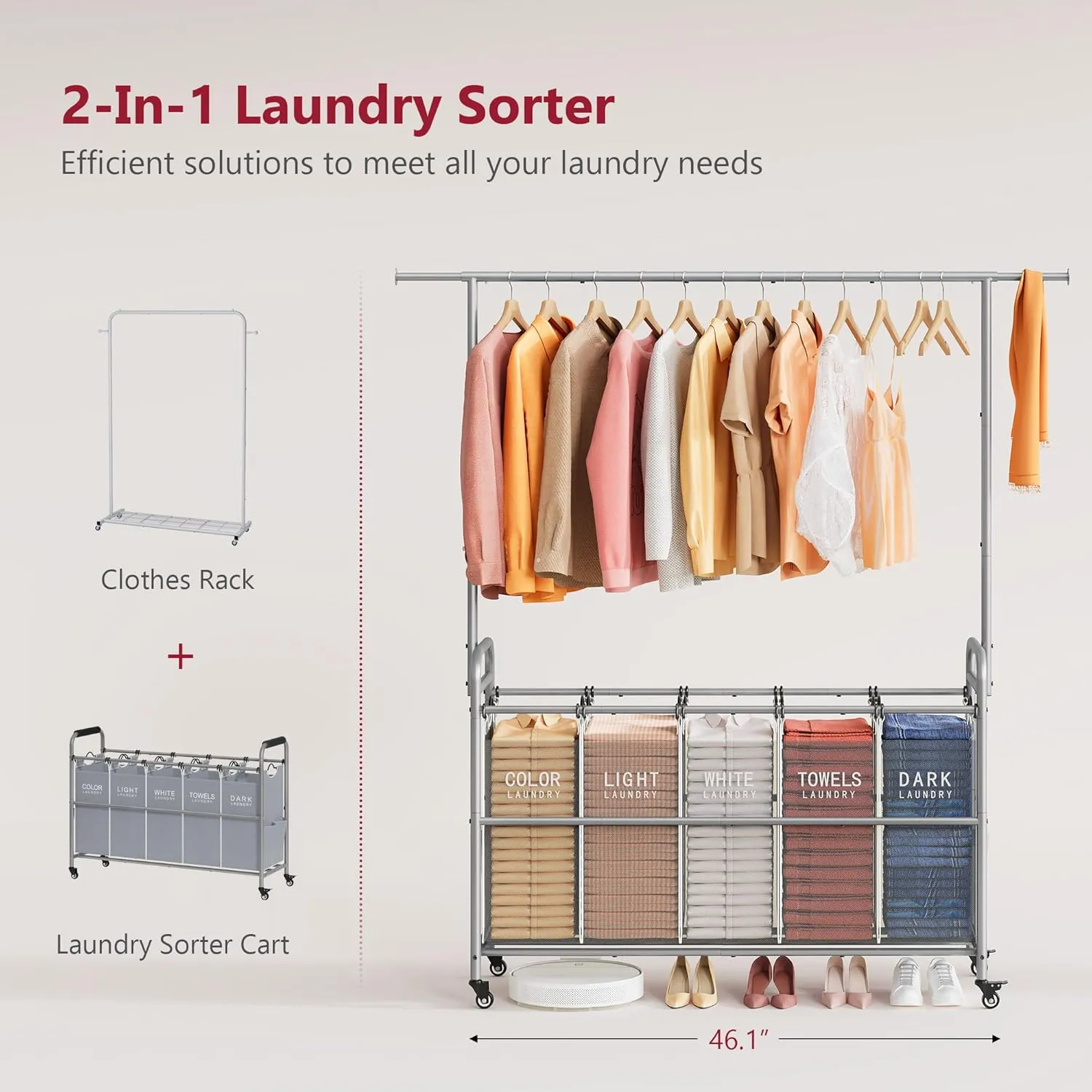 Tajsoon Laundry Hamper with Hanging Rack, 5 Section Laundry Sorter, Rolling Laundry Sorter Cart with Wheels and Hanging bar, Removable Basket Organizer for Bedroom, Bathroom, Grey