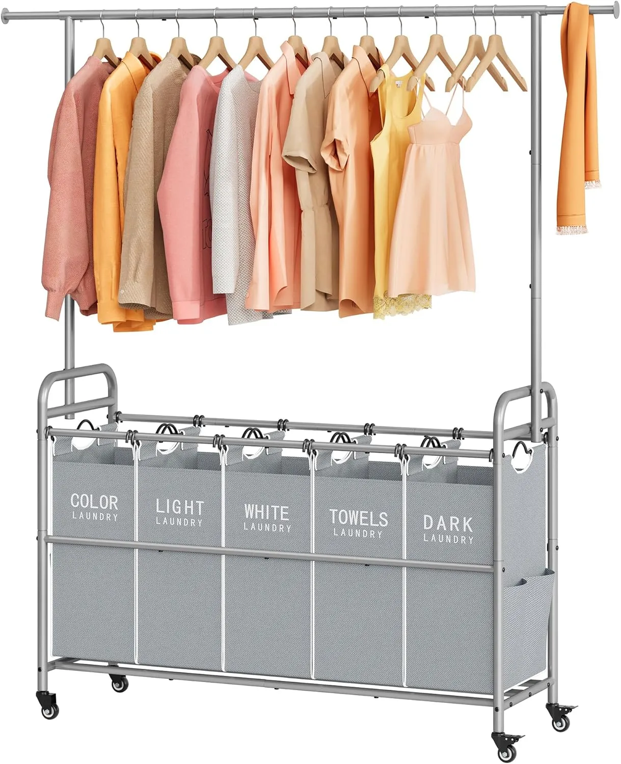 Tajsoon Laundry Hamper with Hanging Rack, 5 Section Laundry Sorter, Rolling Laundry Sorter Cart with Wheels and Hanging bar, Removable Basket Organizer for Bedroom, Bathroom, Grey