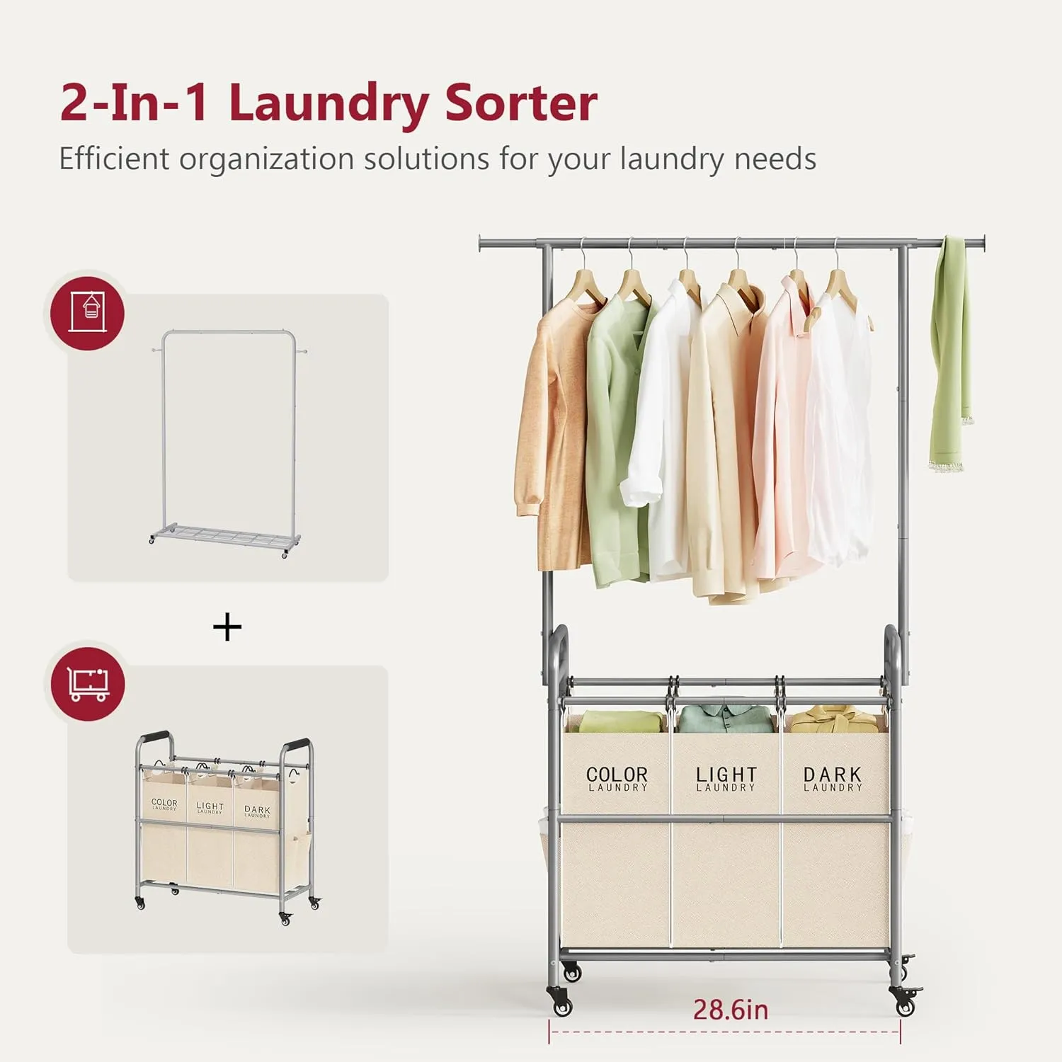 Tajsoon Laundry Hamper with Hanging Rack, Laundry Sorter 3 Section, Rolling Laundry Cart with Heavy Duty Lockable Wheels, Laundry Basket Organizer for Dirty Clothes Storage, 3 Beige