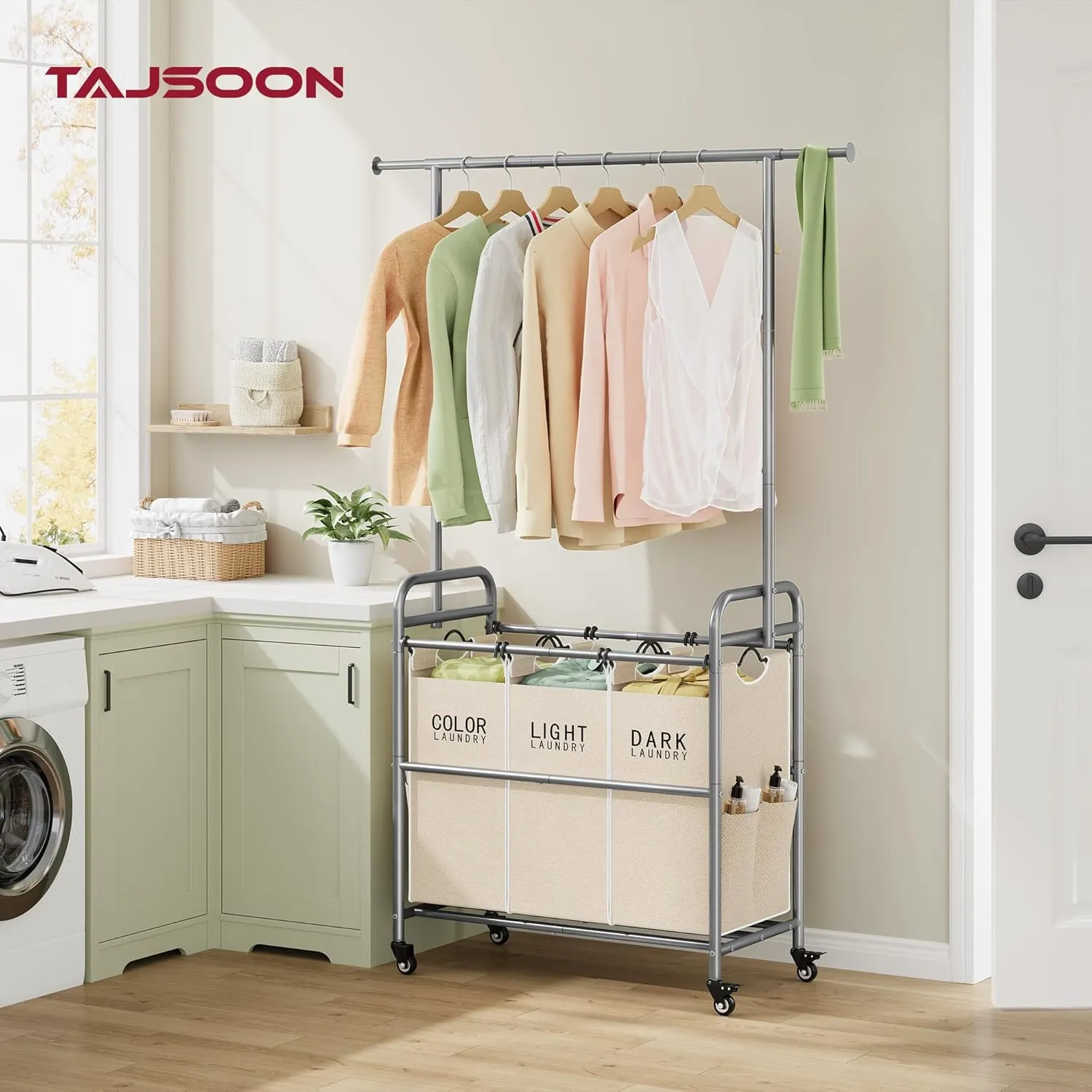 Tajsoon Laundry Hamper with Hanging Rack, Laundry Sorter 3 Section, Rolling Laundry Cart with Heavy Duty Lockable Wheels, Laundry Basket Organizer for Dirty Clothes Storage, 3 Beige