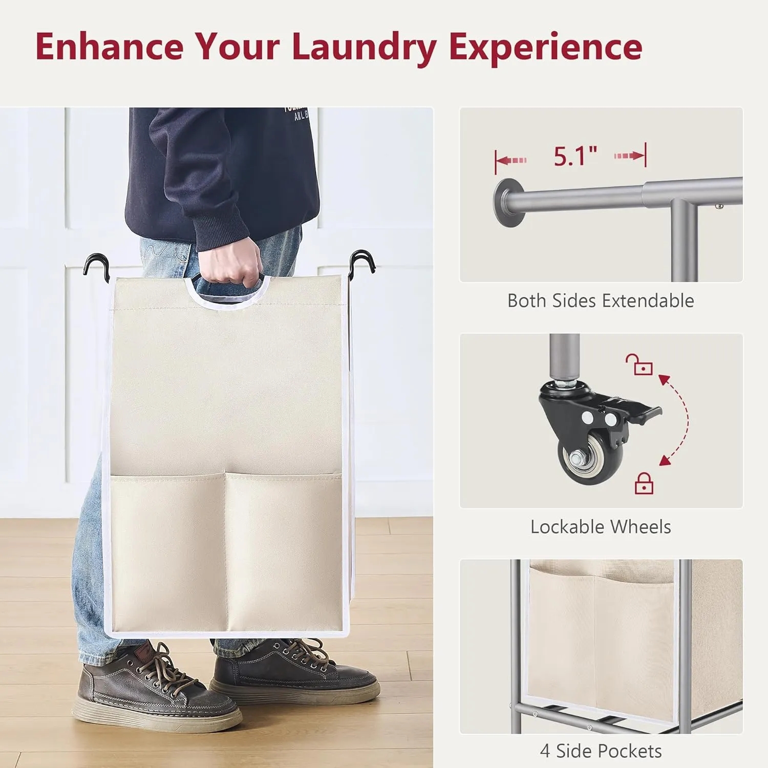 Tajsoon Laundry Hamper with Hanging Rack, Laundry Sorter 3 Section, Rolling Laundry Cart with Heavy Duty Lockable Wheels, Laundry Basket Organizer for Dirty Clothes Storage, 3 Beige