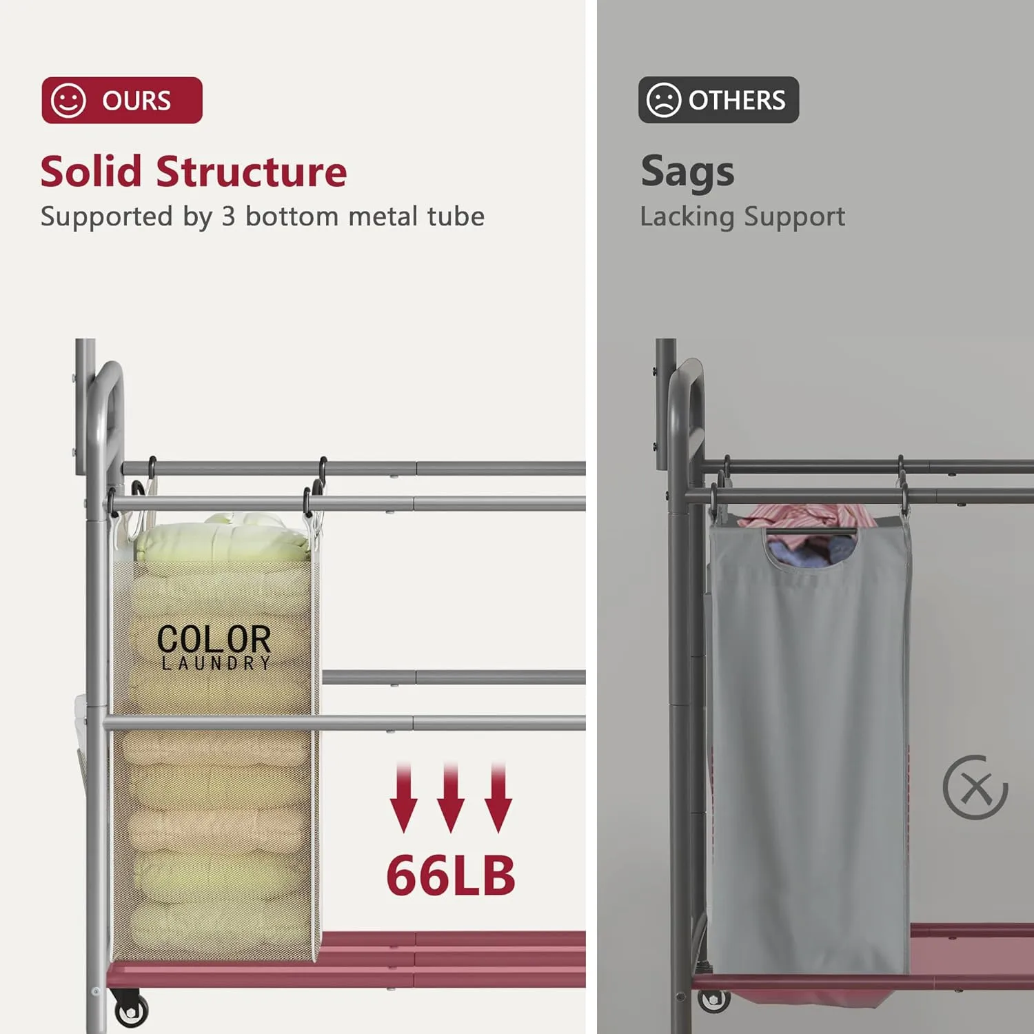 Tajsoon Laundry Hamper with Hanging Rack, Laundry Sorter 3 Section, Rolling Laundry Cart with Heavy Duty Lockable Wheels, Laundry Basket Organizer for Dirty Clothes Storage, 3 Beige