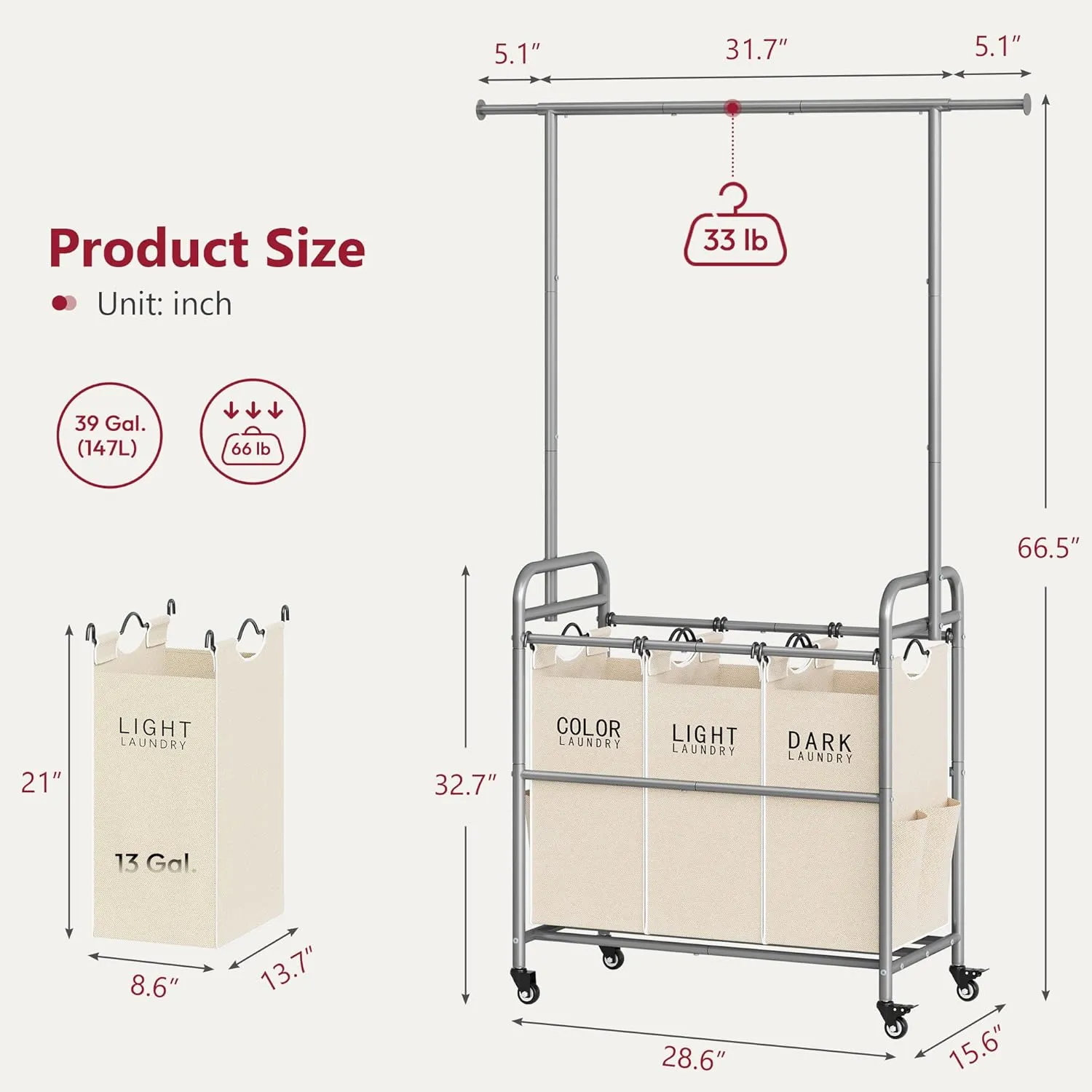 Tajsoon Laundry Hamper with Hanging Rack, Laundry Sorter 3 Section, Rolling Laundry Cart with Heavy Duty Lockable Wheels, Laundry Basket Organizer for Dirty Clothes Storage, 3 Beige