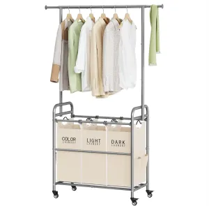 Tajsoon Laundry Hamper with Hanging Rack, Laundry Sorter 3 Section, Rolling Laundry Cart with Heavy Duty Lockable Wheels, Laundry Basket Organizer for Dirty Clothes Storage, 3 Beige