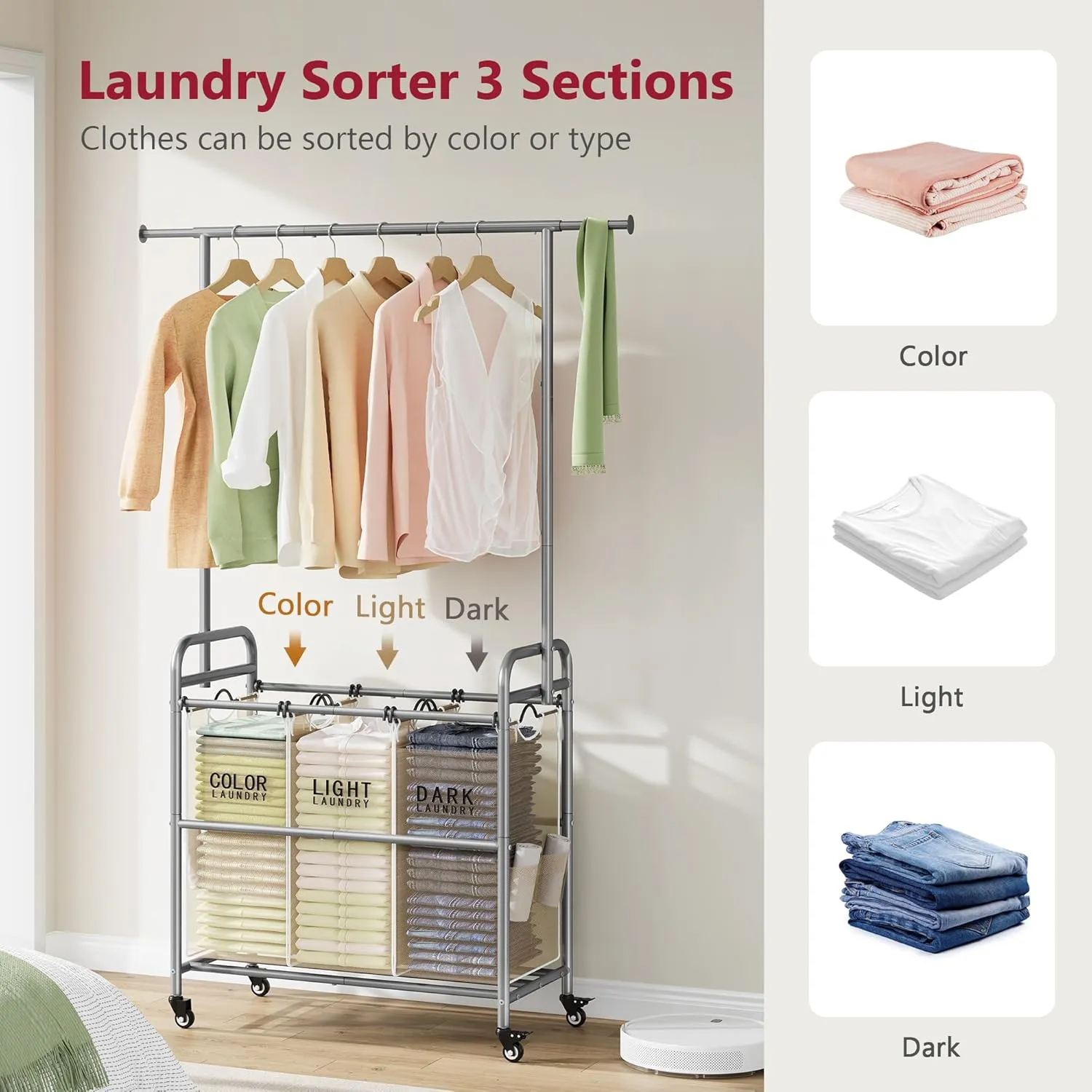 Tajsoon Laundry Hamper with Hanging Rack, Laundry Sorter 3 Section, Rolling Laundry Cart with Heavy Duty Lockable Wheels, Laundry Basket Organizer for Dirty Clothes Storage, 3 Beige