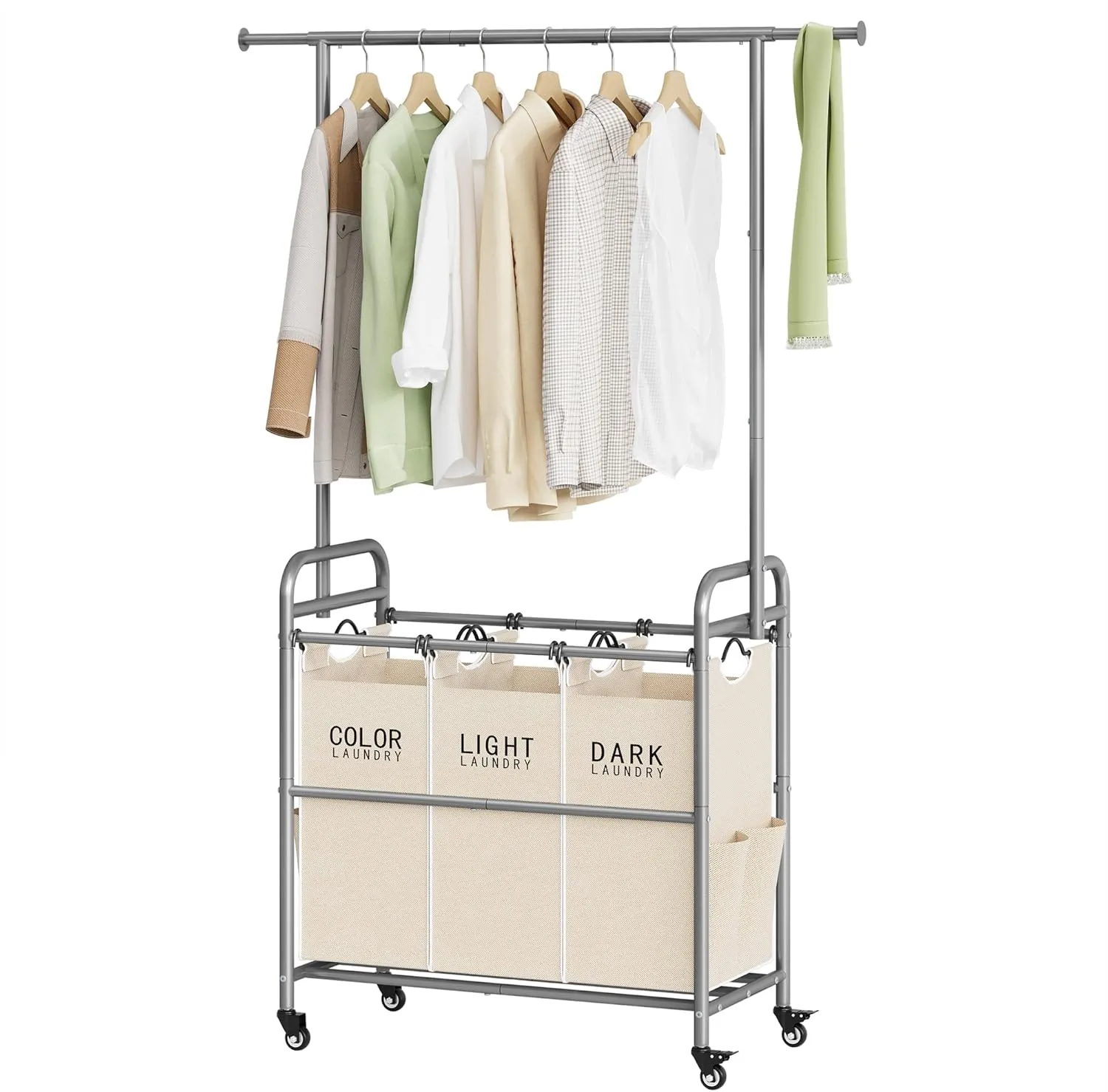 Tajsoon Laundry Hamper with Hanging Rack, Laundry Sorter 3 Section, Rolling Laundry Cart with Heavy Duty Lockable Wheels, Laundry Basket Organizer for Dirty Clothes Storage, 3 Beige