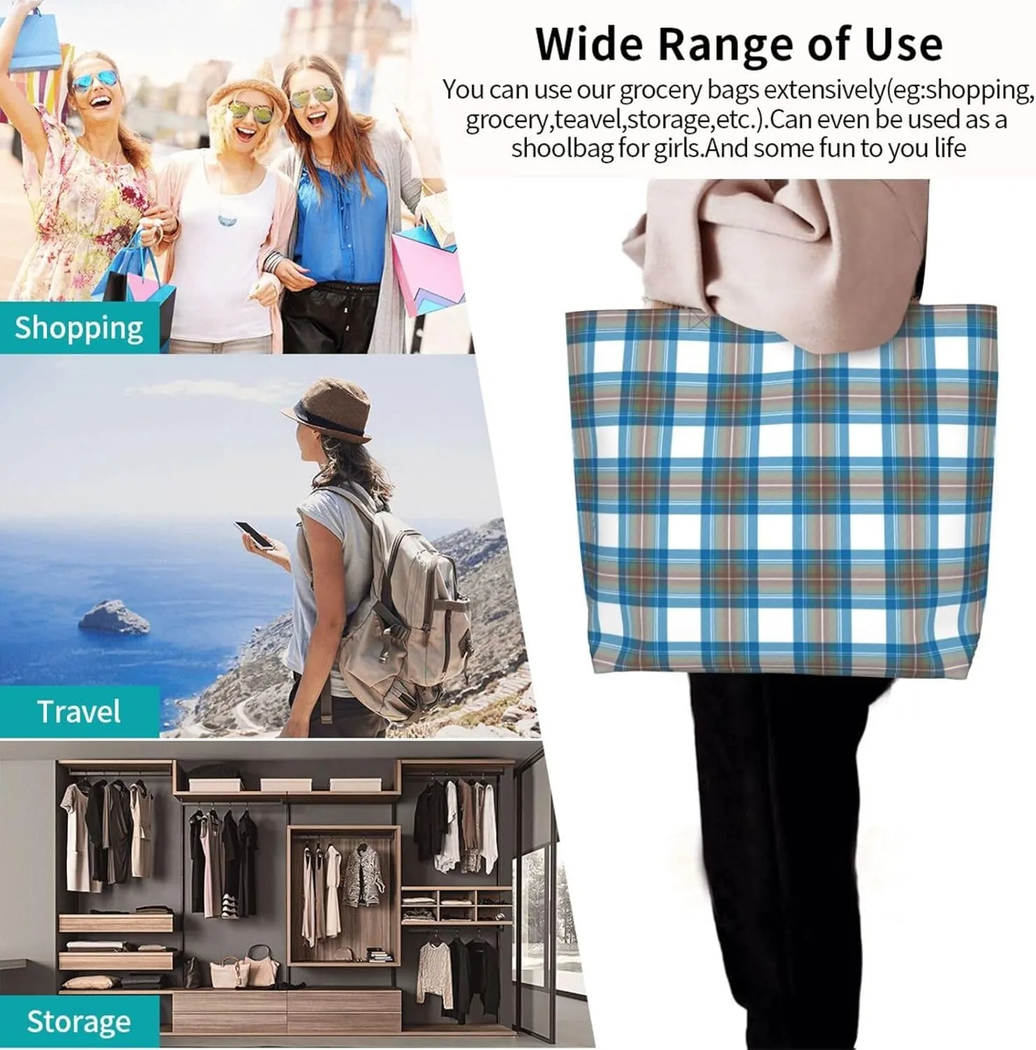Tartan Tote Bag For Women Weekender Travel Bag Reusable Grocery Bags Large Totes Handbags