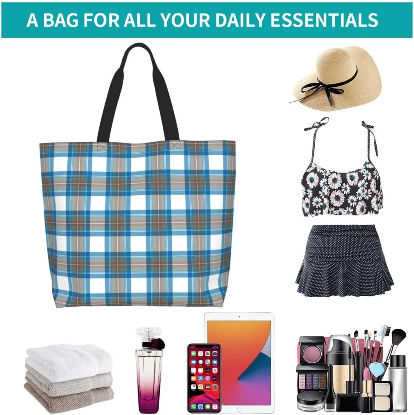 Tartan Tote Bag For Women Weekender Travel Bag Reusable Grocery Bags Large Totes Handbags