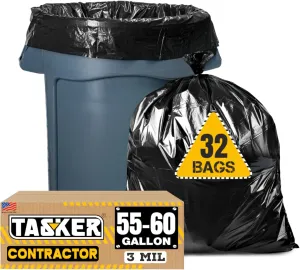 Tasker Contractor Garbage Bags 55 Gallon Heavy Duty 3 Mil (32 Count w/Ties) 60 Gal Contractor Bags 3 Mil. 55 Gallon Heavy Duty X-Large Black Trash Bags 50 Gal,