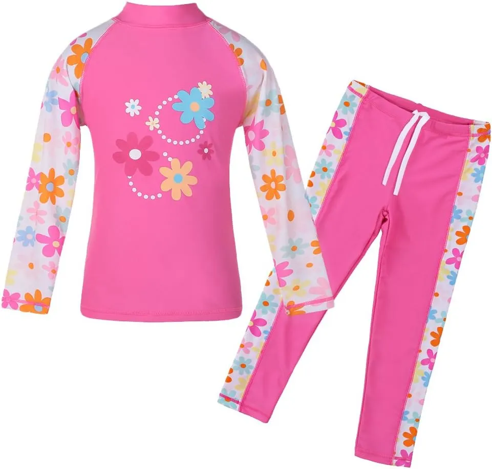 TFJH E Girls Long Sleeve Swimsuit Two Piece Swimwear 3-12 Years UPF 50  Sunsuits