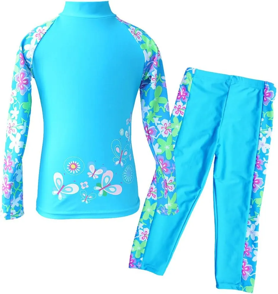 TFJH E Girls Long Sleeve Swimsuit Two Piece Swimwear 3-12 Years UPF 50  Sunsuits