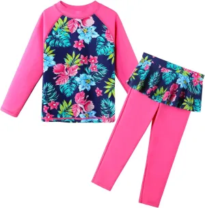 TFJH E Girls Long Sleeve Swimsuits Skirt 2-Pieces Rash Guard Set Sun Protection UV 50 