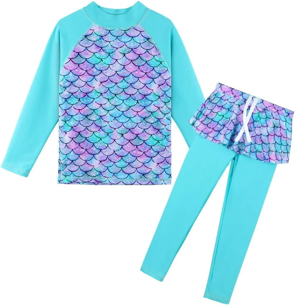 TFJH E Girls Long Sleeve Swimsuits Skirt 2-Pieces Rash Guard Set Sun Protection UV 50 