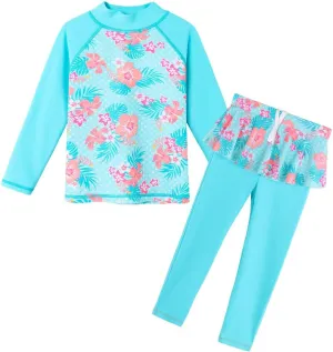TFJH E Girls Long Sleeve Swimsuits Skirt 2-Pieces Rash Guard Set Sun Protection UV 50 
