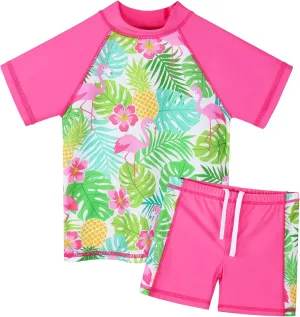 TFJH E Girls Short Sleeve Swimwear Two Piece Swimsuit UPF 50  Rash Guard Sets UV 3-12Y