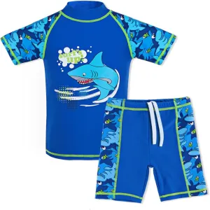 TFJH E Two Piece Boys Short Sleeve Swimsuit UPF 50  UV Rash Guard Sets Swimwear