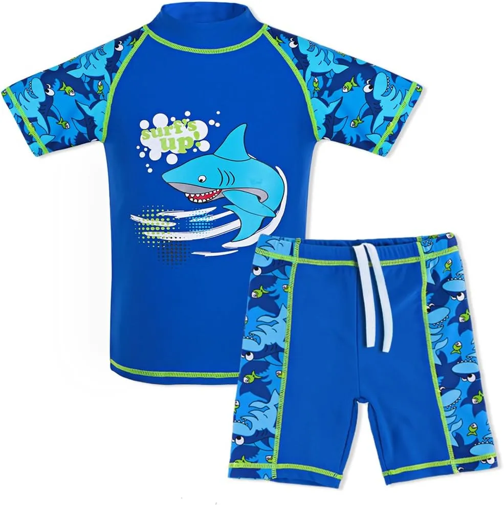 TFJH E Two Piece Boys Short Sleeve Swimsuit UPF 50  UV Rash Guard Sets Swimwear