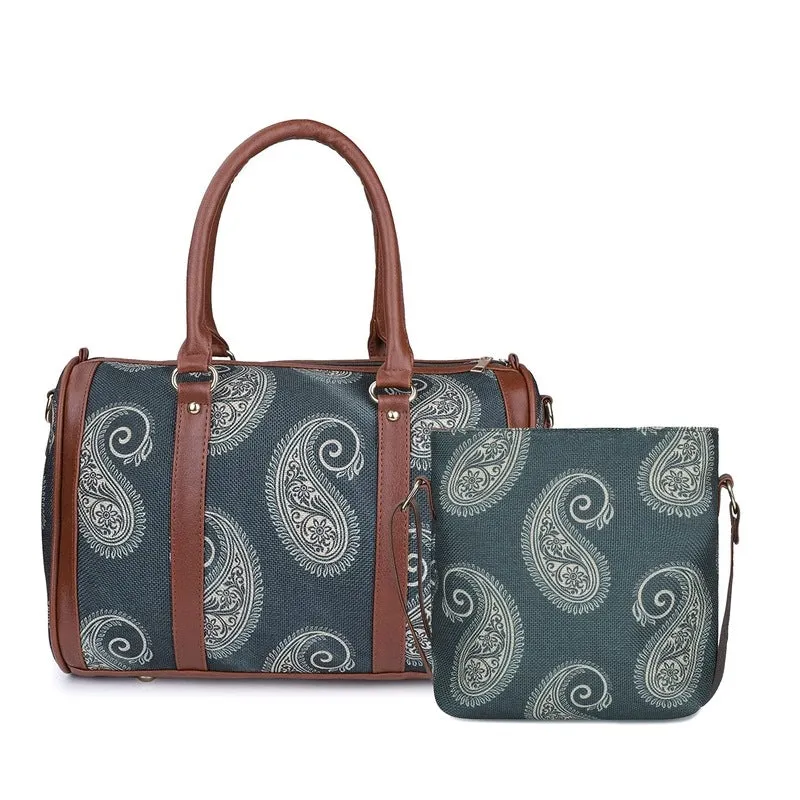 The Clownfish Combo of Lorna Printed Handicraft Fabric Handbag and Aahna Polyester Crossbody Sling bag for Women (Peacock Blue)