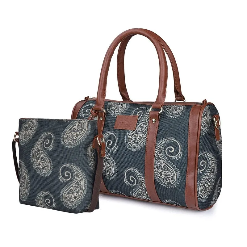 The Clownfish Combo of Lorna Printed Handicraft Fabric Handbag and Aahna Polyester Crossbody Sling bag for Women (Peacock Blue)