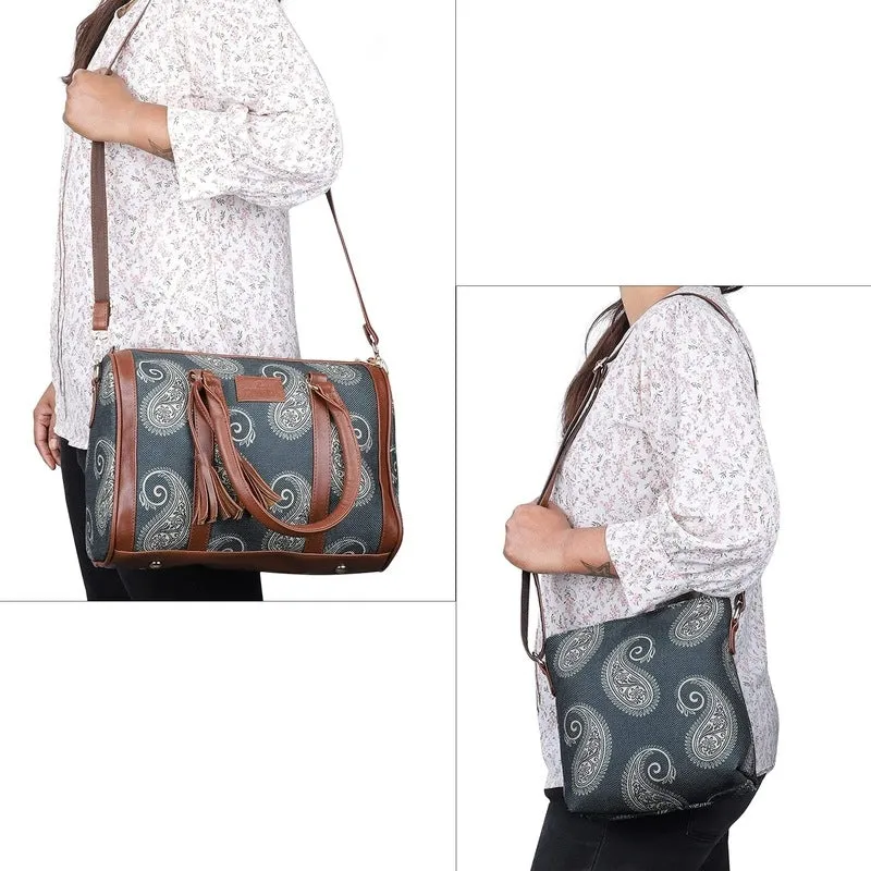 The Clownfish Combo of Lorna Printed Handicraft Fabric Handbag and Aahna Polyester Crossbody Sling bag for Women (Peacock Blue)