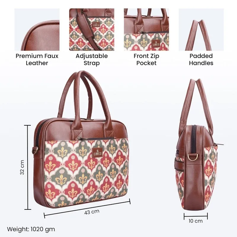 THE CLOWNFISH Deborah series 15.6 inch Laptop Bag For Women Printed Handicraft Fabric & Faux Leather Office Bag Briefcase Messenger Sling Handbag Business Bag (Pink-Rangoli Design)
