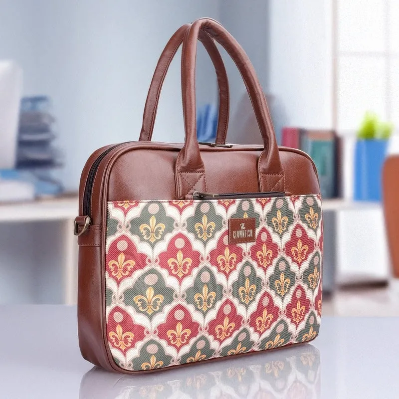 THE CLOWNFISH Deborah series 15.6 inch Laptop Bag For Women Printed Handicraft Fabric & Faux Leather Office Bag Briefcase Messenger Sling Handbag Business Bag (Pink-Rangoli Design)