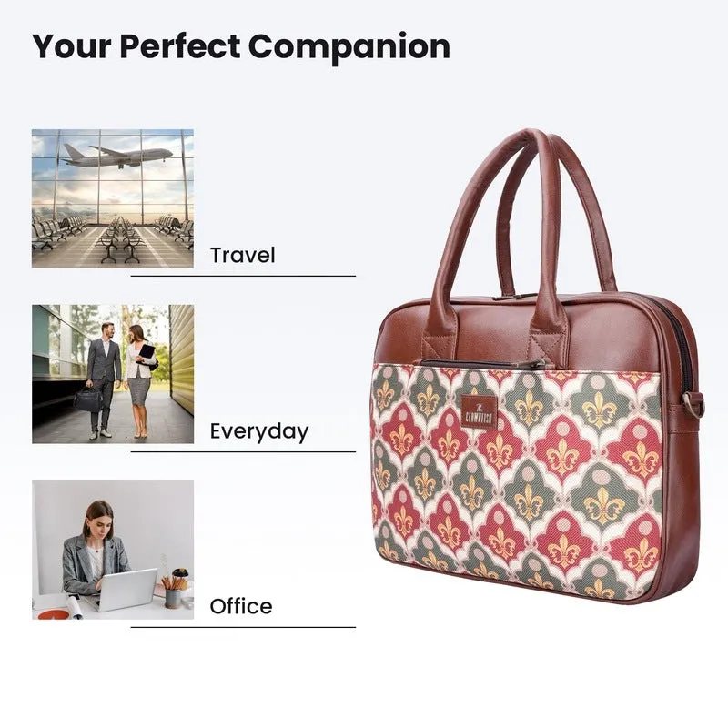 THE CLOWNFISH Deborah series 15.6 inch Laptop Bag For Women Printed Handicraft Fabric & Faux Leather Office Bag Briefcase Messenger Sling Handbag Business Bag (Pink-Rangoli Design)