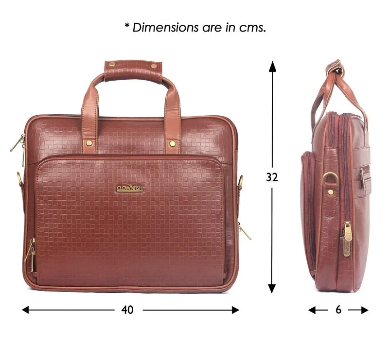 The Clownfish Milan Series Laptop Briefcase - Vegan Leather, Spacious & Stylish | Adjustable Strap | 14 Inch | Cinnamon