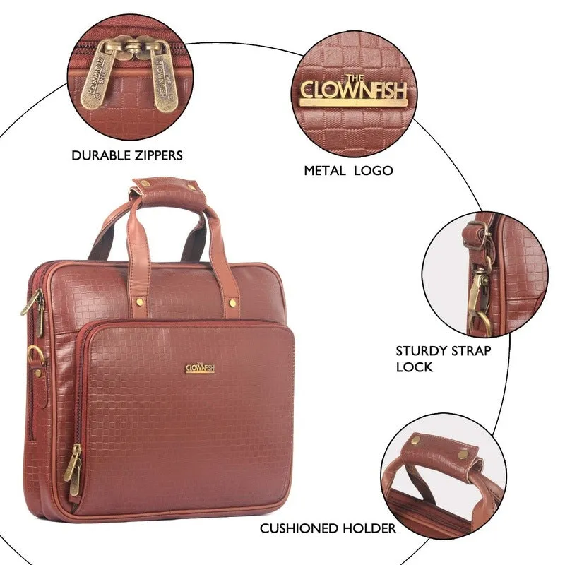 The Clownfish Milan Series Laptop Briefcase - Vegan Leather, Spacious & Stylish | Adjustable Strap | 14 Inch | Cinnamon