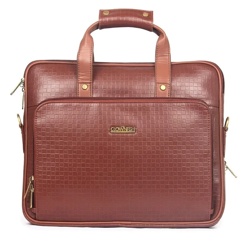 The Clownfish Milan Series Laptop Briefcase - Vegan Leather, Spacious & Stylish | Adjustable Strap | 14 Inch | Cinnamon