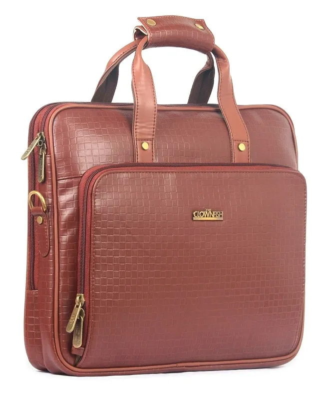 The Clownfish Milan Series Laptop Briefcase - Vegan Leather, Spacious & Stylish | Adjustable Strap | 14 Inch | Cinnamon