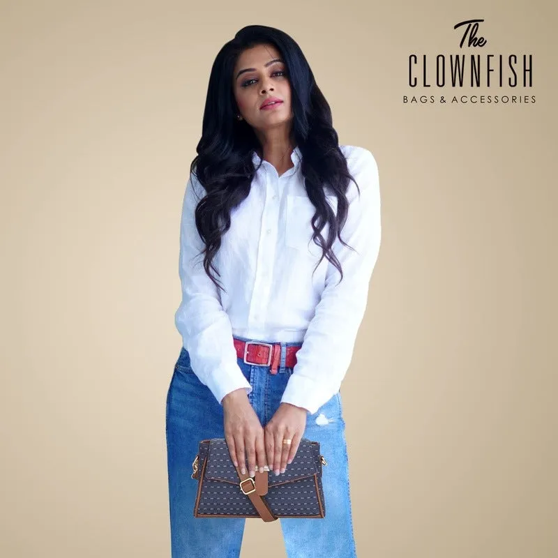 THE CLOWNFISH Odelina Series Printed Handicraft Fabric Handbag for Women Sling Bag Office Bag Ladies Shoulder Bag with Snap Flap Closure & Shoulder Belt Tote For Women (Flax)