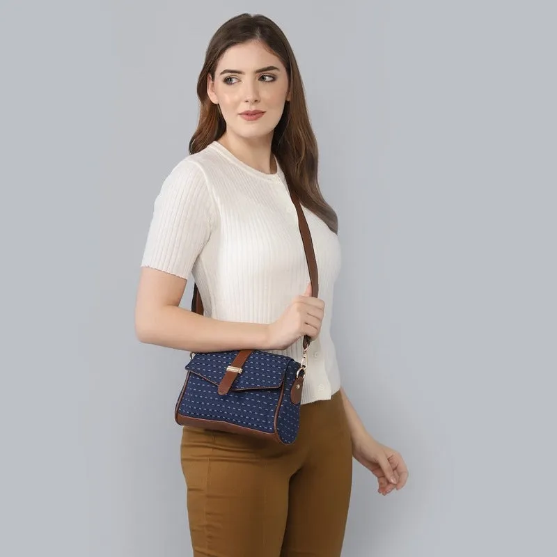 THE CLOWNFISH Odelina Series Printed Handicraft Fabric Handbag for Women Sling Bag Office Bag Ladies Shoulder Bag with Snap Flap Closure & Shoulder Belt Tote For Women (Flax)