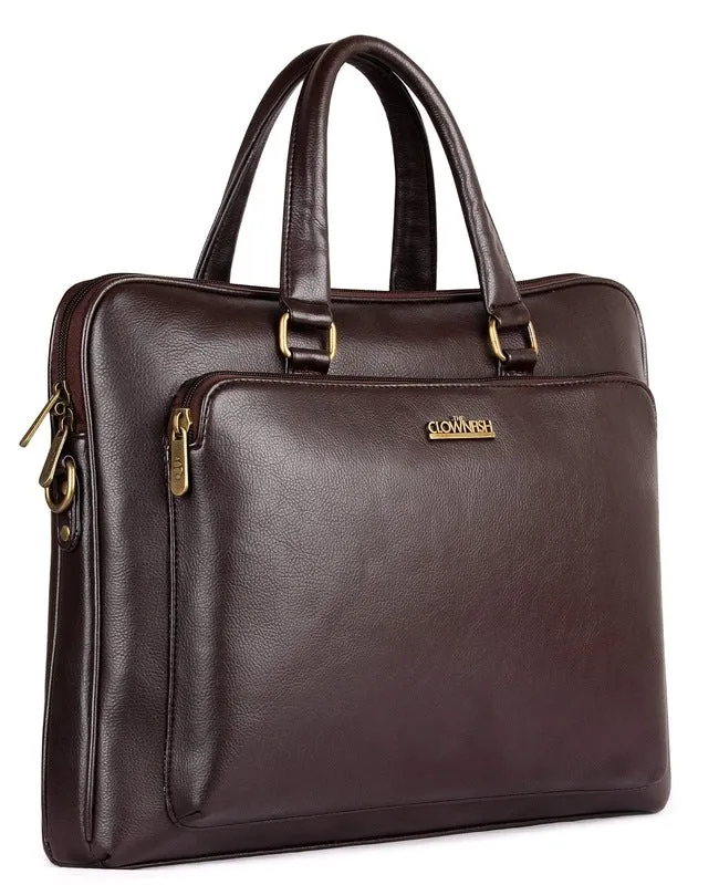 THE CLOWNFISH Sterling Series 15.6 Inch Laptop Briefcase - Faux Leather, Padded Compartment | Adjustable Shoulder Strap | Umber Brown