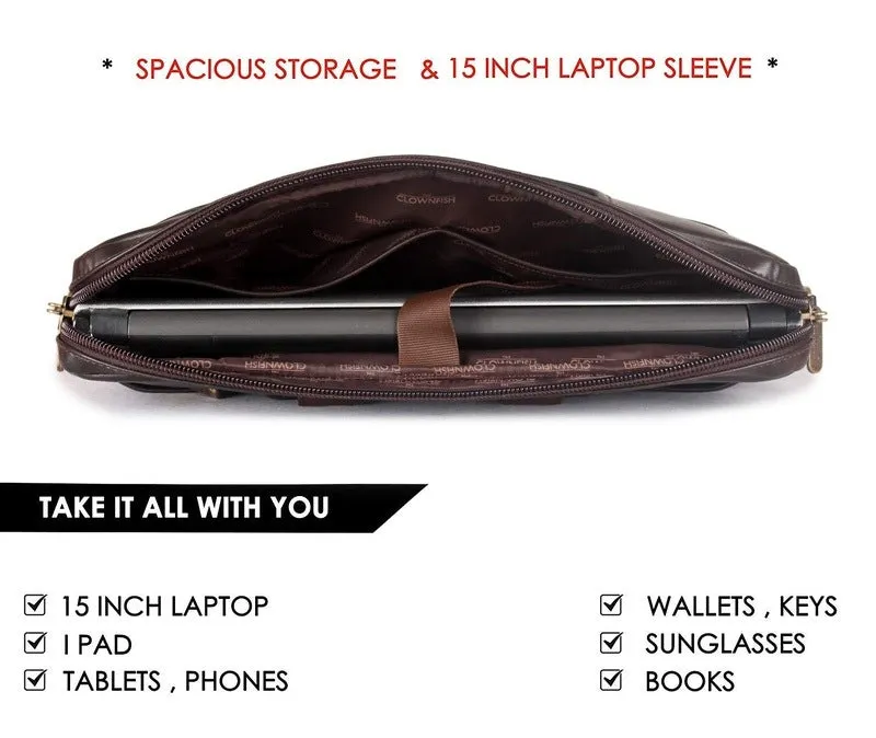 THE CLOWNFISH Ziendale Laptop Messenger Bag - Premium Leatherette | Slim Cushioned Sleeve | 15.6 inch | Umber Brown