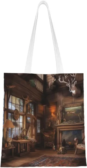 The Hunting Lodge Print Canvas Tote Bags Lightweight Shoulder Bag Reusable Grocery Shopping Bag Handbags for Women Men