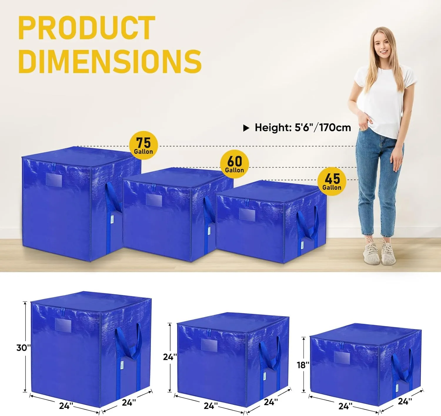 TICONN 4 Pack Extra Large Moving Bags with Zippers & Carrying Handles, Heavy-Duty Storage Tote Moving Boxes for Space Saving (4 PK, 45 Gallon)