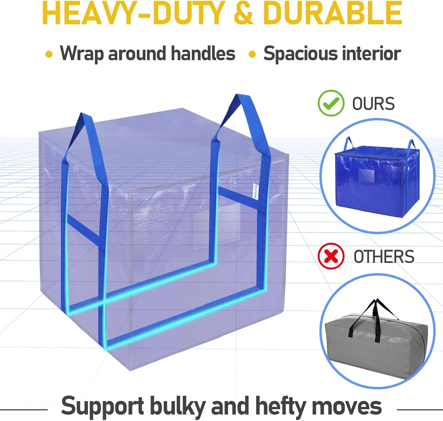 TICONN 4 Pack Extra Large Moving Bags with Zippers & Carrying Handles, Heavy-Duty Storage Tote Moving Boxes for Space Saving (4 PK, 45 Gallon)