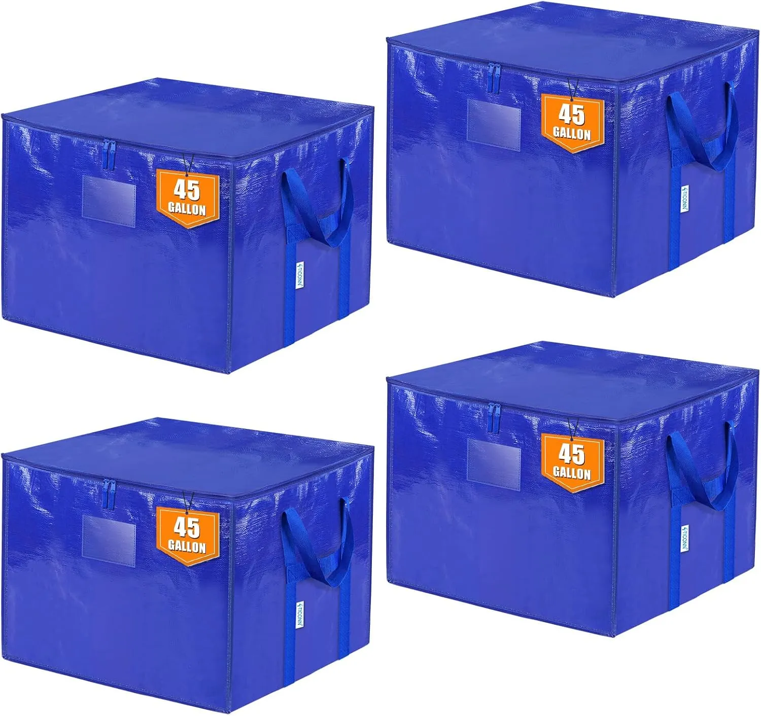 TICONN 4 Pack Extra Large Moving Bags with Zippers & Carrying Handles, Heavy-Duty Storage Tote Moving Boxes for Space Saving (4 PK, 45 Gallon)