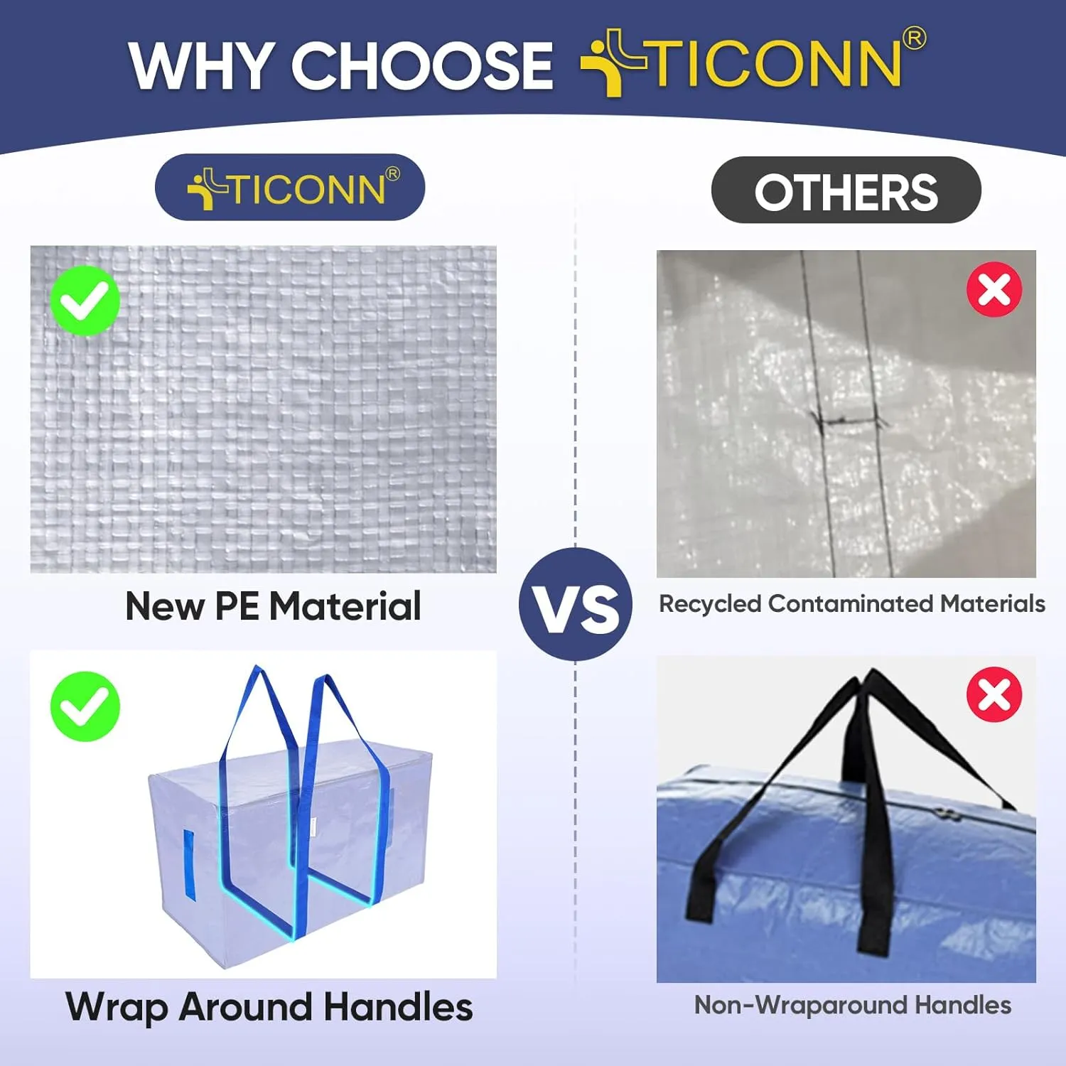 TICONN 4 Pack Extra Large Moving Bags with Zippers & Carrying Handles, Heavy-Duty Storage Tote Moving Boxes for Space Saving