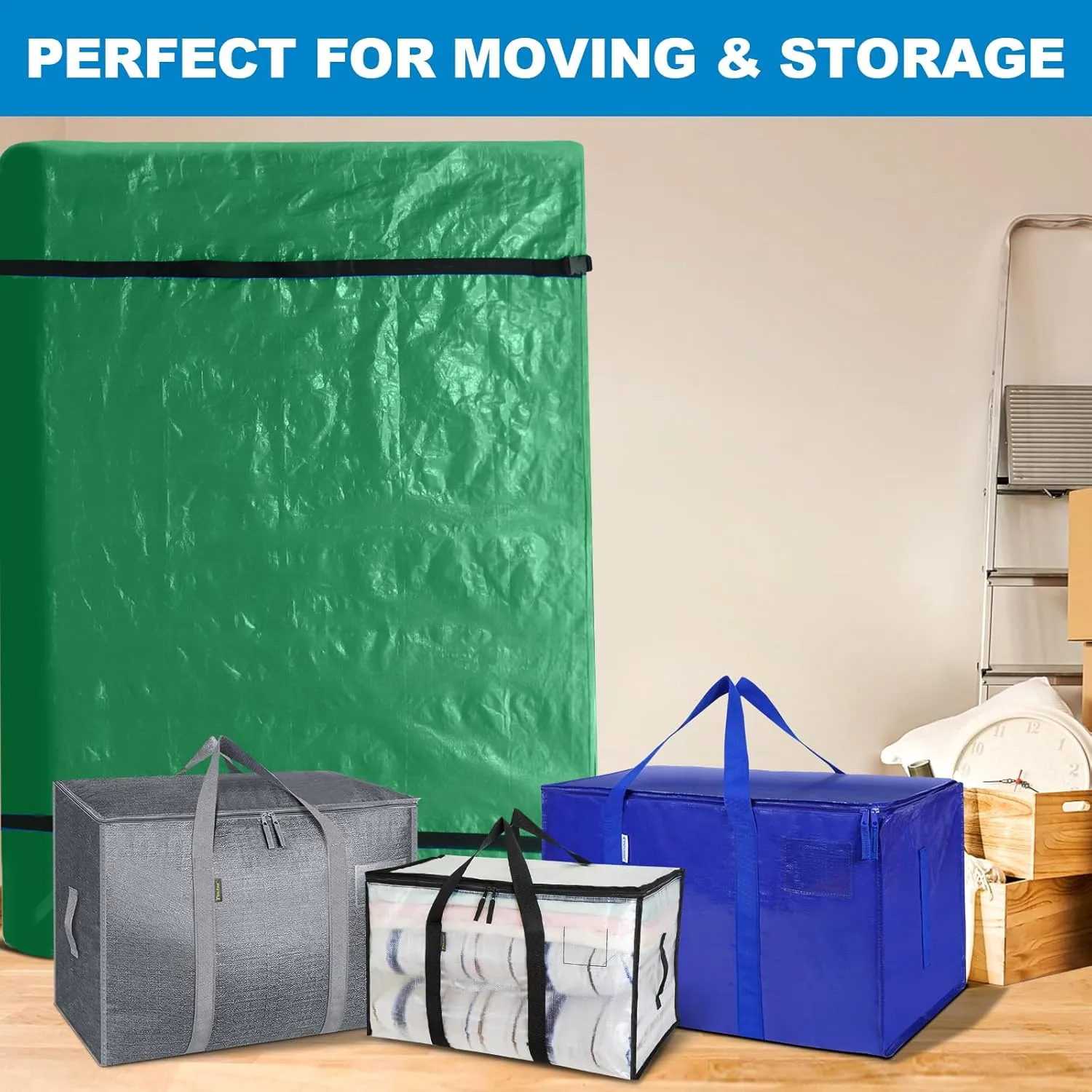 TICONN Mattress Bags for Moving, Heavy Duty Queen Mattress Cover Storage Bag with Full-Around Handle and Adjustable Buckles (Green, Queen)