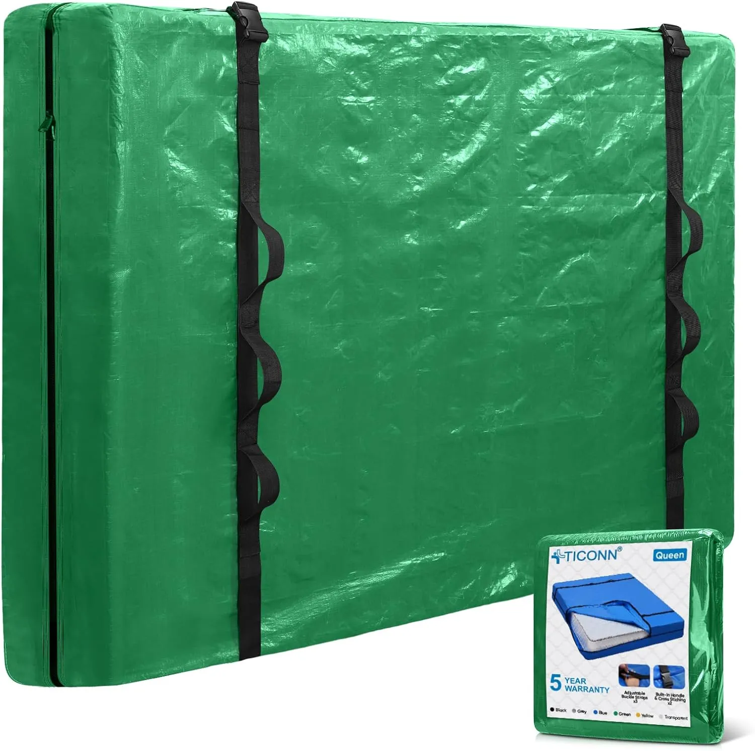 TICONN Mattress Bags for Moving, Heavy Duty Queen Mattress Cover Storage Bag with Full-Around Handle and Adjustable Buckles (Green, Queen)
