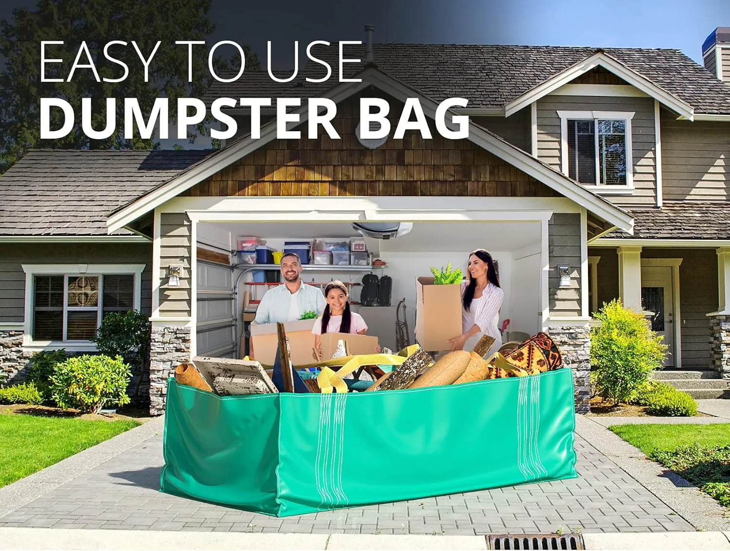 TidyFriend Dumpster Bag, 4 Pack Reusable Yard Waste Bags, Foldable Yard Waste Container, Trash Bag for Waste Management, Multiple Times Use During Renovations, Can Hold Up to 3,500 lbs (Green)