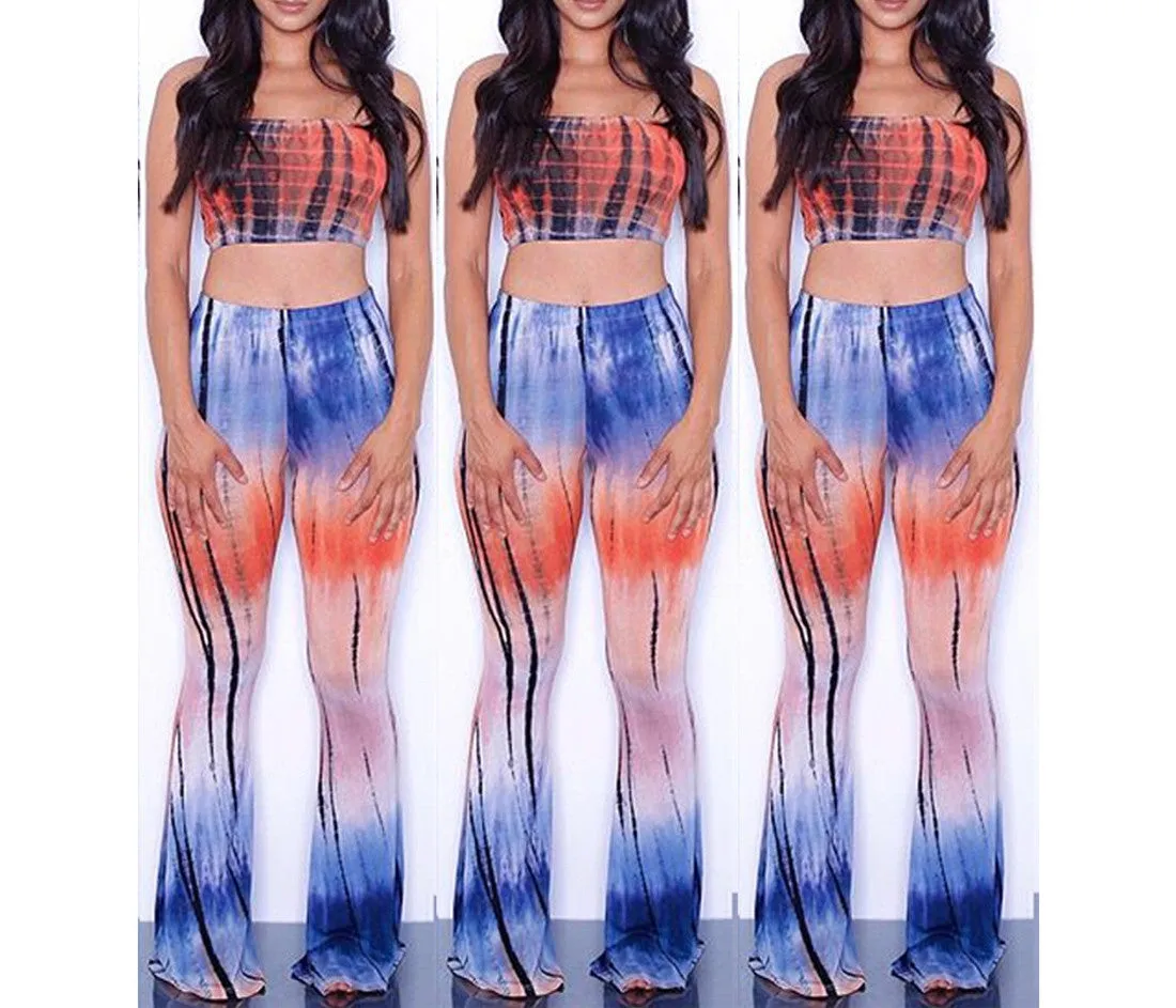 Tie Dye 2 Piece Set Women Jumpsuit Long Romper Strapless Crop Top And Flare Pants Casual Bodysuit Fashion Playsuit Overalls