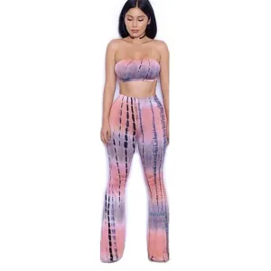 Tie Dye 2 Piece Set Women Jumpsuit Long Romper Strapless Crop Top And Flare Pants Casual Bodysuit Fashion Playsuit Overalls