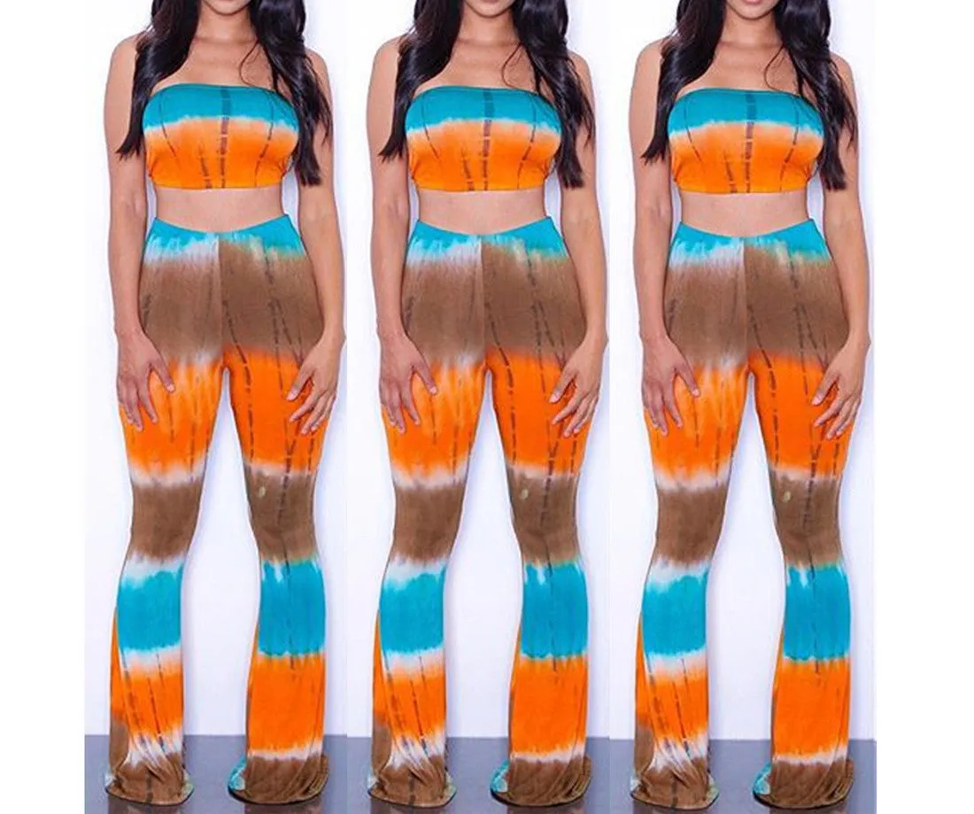 Tie Dye 2 Piece Set Women Jumpsuit Long Romper Strapless Crop Top And Flare Pants Casual Bodysuit Fashion Playsuit Overalls