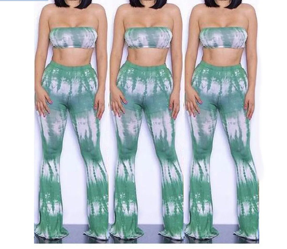 Tie Dye 2 Piece Set Women Jumpsuit Long Romper Strapless Crop Top And Flare Pants Casual Bodysuit Fashion Playsuit Overalls