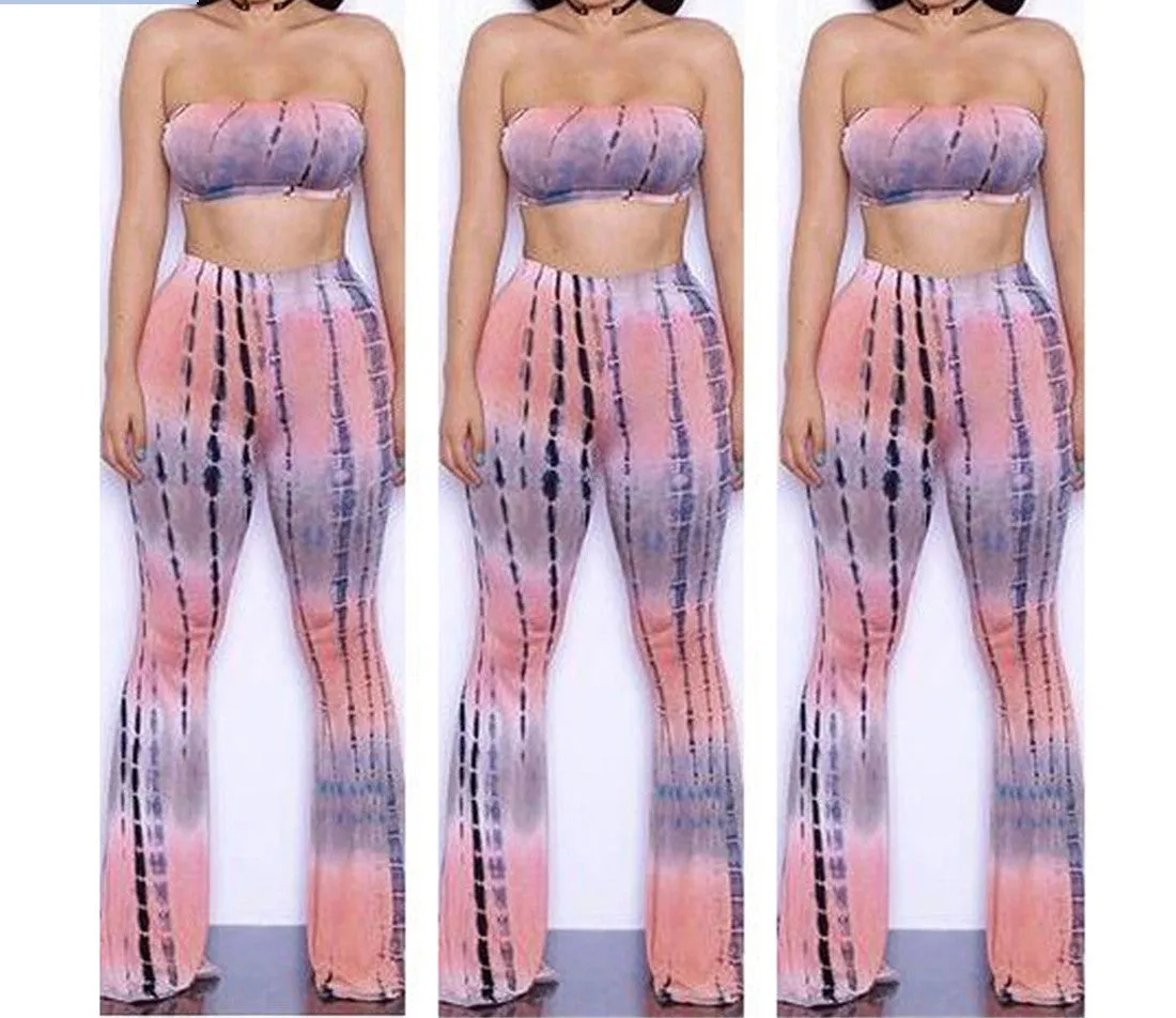 Tie Dye 2 Piece Set Women Jumpsuit Long Romper Strapless Crop Top And Flare Pants Casual Bodysuit Fashion Playsuit Overalls